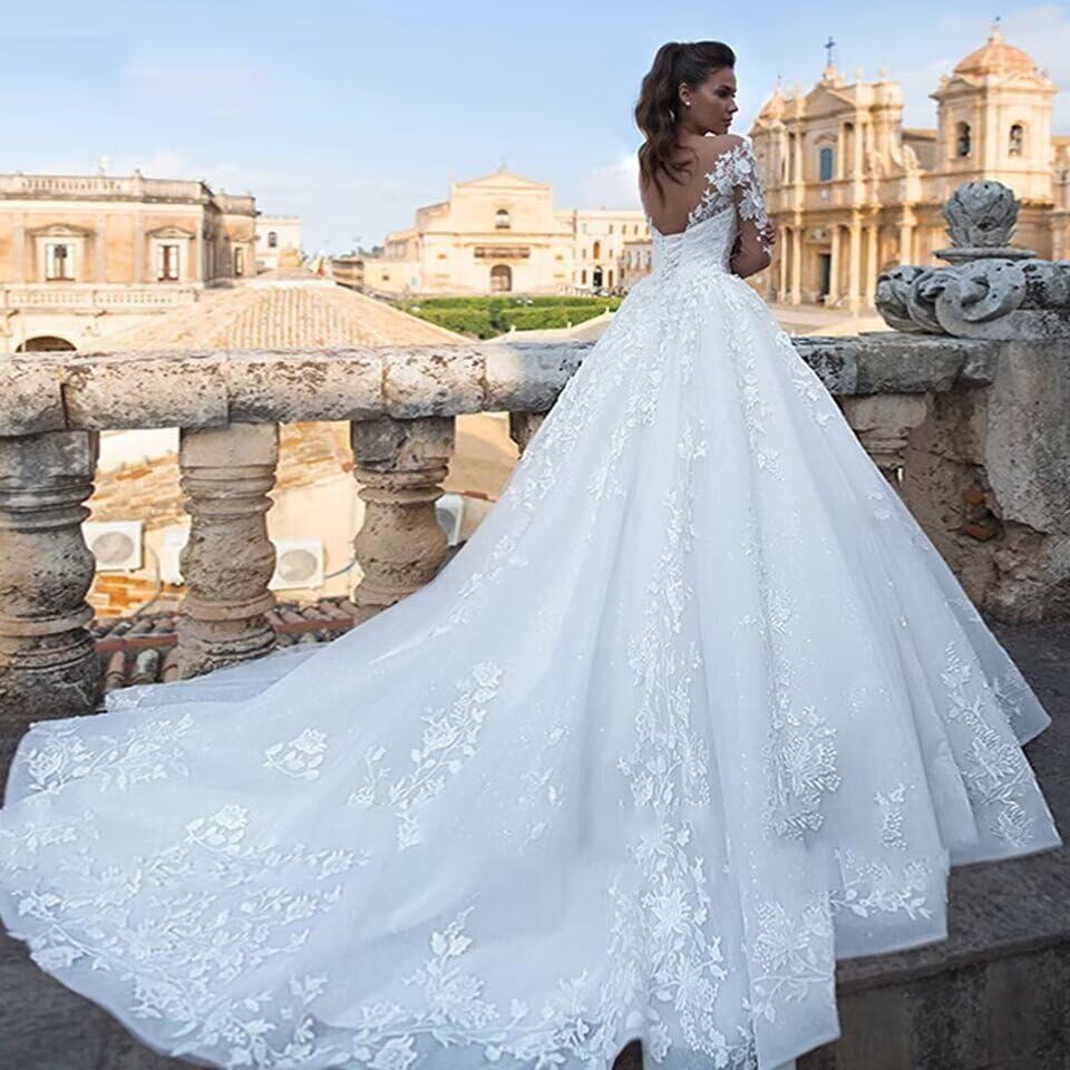 SYYS Sexy V-Neck Bridal Ball Gowns Lace White