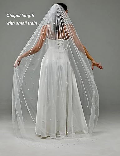 Pearl Chapel Length Wedding Bridal Veil Ivory