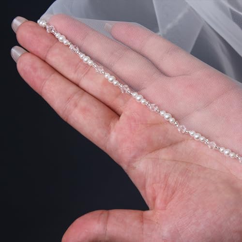 GAODESI Pearl and Crystal Beaded Wedding Fingertip Veil