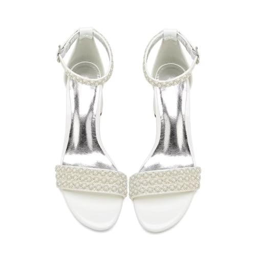 Pearl Block Heel Wedding Sandal with Ankle Strap