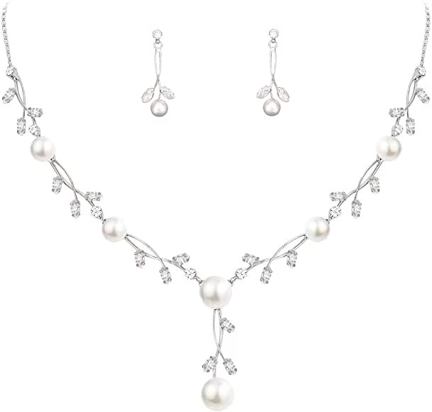 Luxury Cubic Zirconia Pearl Floral Necklace Earrings Set