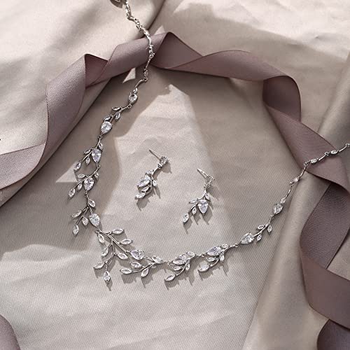 Sparkly Cubic Zirconia Leaf Necklace Earrings Set