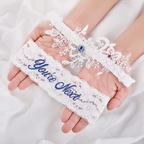 Lace Wedding Garter Set with Blue Rhinestones and Print