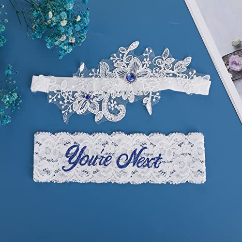 Lace Wedding Garter Set with Blue Rhinestones and Print