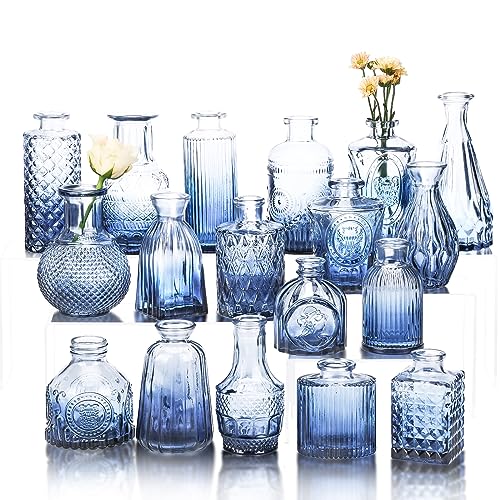 Set of 18 Blue Glass Bud Vases for Weddings