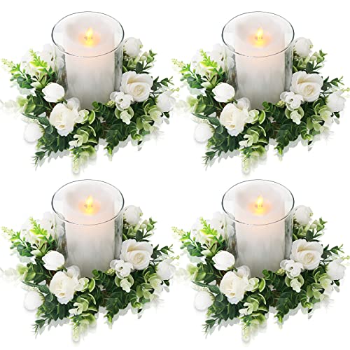 White Rose Candle Rings with Eucalyptus Garland - Wedding Decor