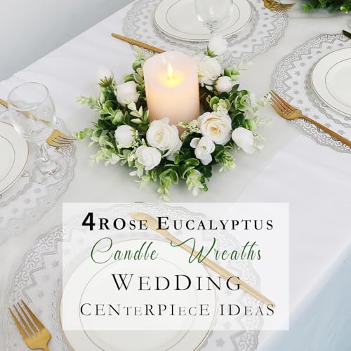 White Rose Candle Rings with Eucalyptus Garland - Wedding Decor