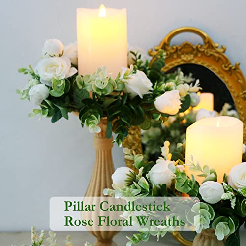 White Rose Candle Rings with Eucalyptus Garland - Wedding Decor