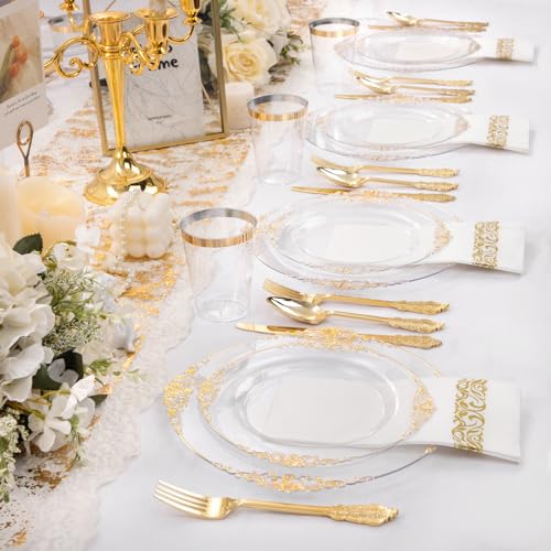 350PCS Clear Gold Plastic Dinnerware Set for 50 Wedding Guests