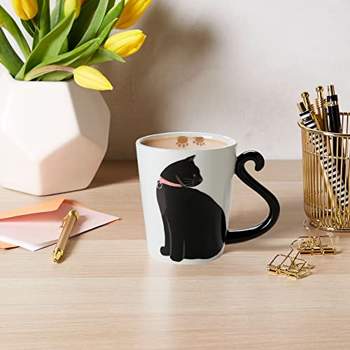 Black Cat Ceramic Coffee Mug: Hand Printed Designs, 12oz