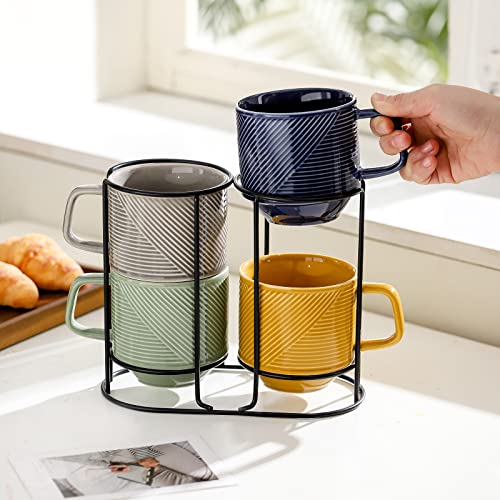 Colorful Stackable Ceramic Coffee Mugs Set: 4 Cups