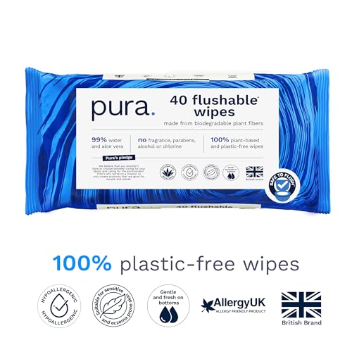 40 Flushable Toilet Wipes, 100% Plastic Free, Sensitive Skin