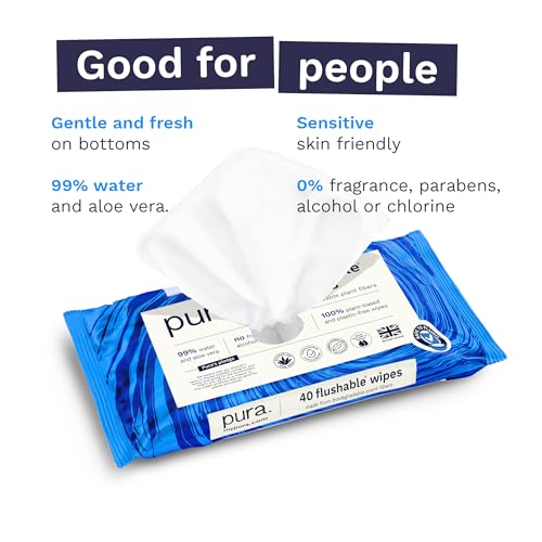 40 Flushable Toilet Wipes, 100% Plastic Free, Sensitive Skin