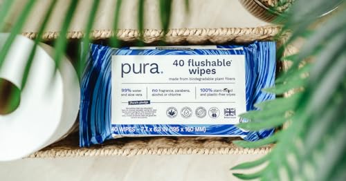 40 Flushable Toilet Wipes, 100% Plastic Free, Sensitive Skin
