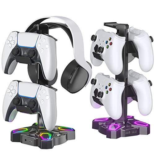 Rotating RGB Gaming Headset Stand with USB Ports
