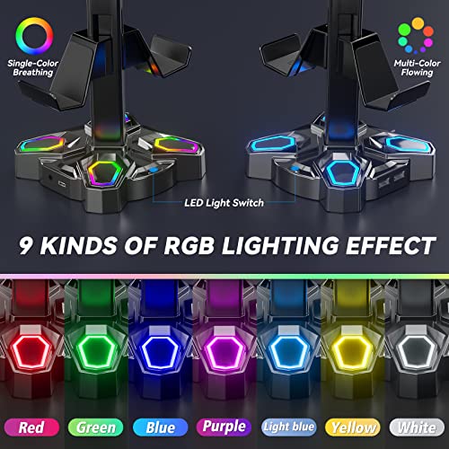 Rotating RGB Gaming Headset Stand with USB Ports
