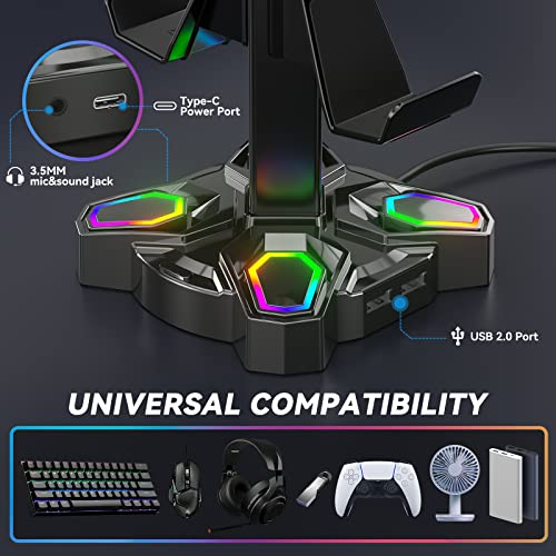 Rotating RGB Gaming Headset Stand with USB Ports