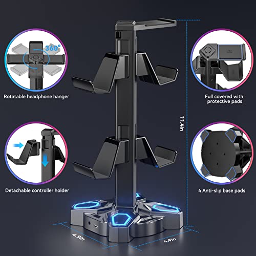 Rotating RGB Gaming Headset Stand with USB Ports