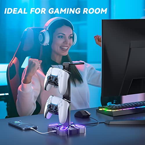 Rotating RGB Gaming Headset Stand with USB Ports
