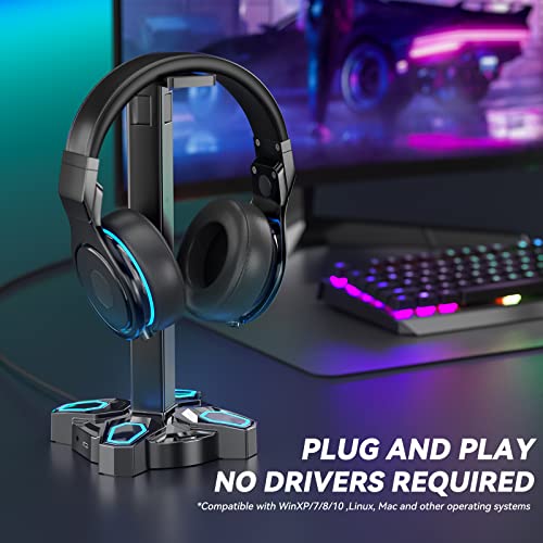 Rotating RGB Gaming Headset Stand with USB Ports