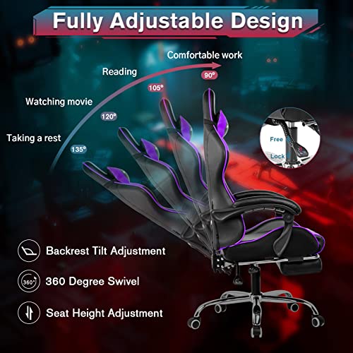 Purple Gaming Chair with Footrest and Lumbar Support