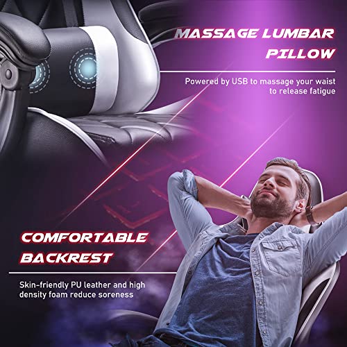 White Gaming Chair with Footrest and Massage