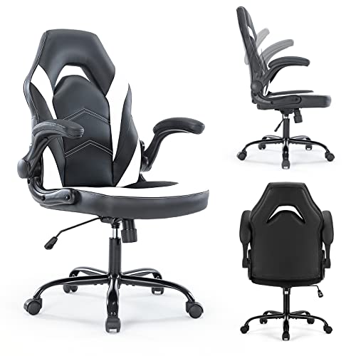 ZUNMOS Black and White Gaming Chair with Lumbar Support