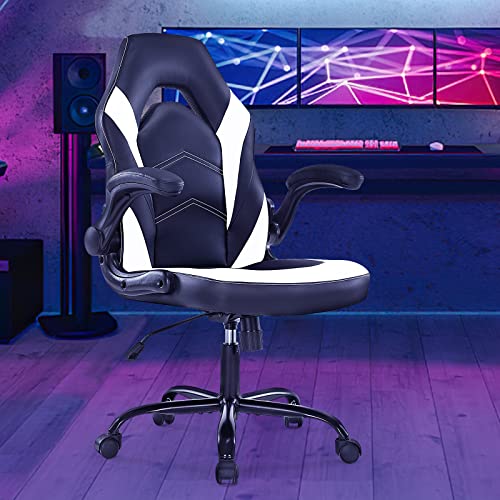 ZUNMOS Black and White Gaming Chair with Lumbar Support