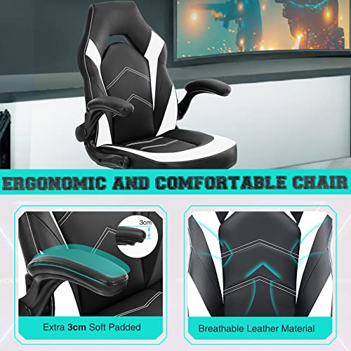 ZUNMOS Black and White Gaming Chair with Lumbar Support