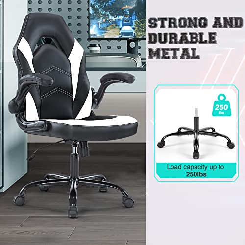 ZUNMOS Black and White Gaming Chair with Lumbar Support