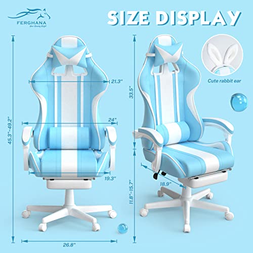 Ferghana Light Blue Gaming Chair with Bunny Ear, Cute Massage Gaming Chairs for Adults & Teens, Office PC Gamer Chair with Footrest, Kawaii Computer Game Chair for Girls, Racing Reclining Silla Gamer