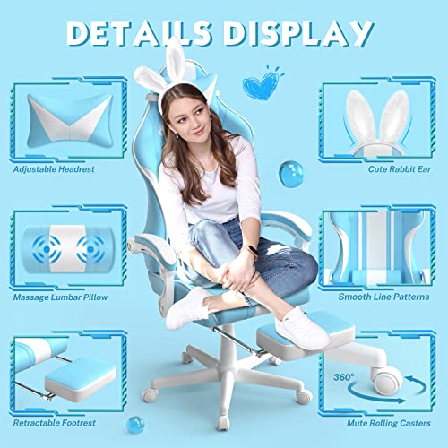 Ferghana Light Blue Gaming Chair with Bunny Ear, Cute Massage Gaming Chairs for Adults & Teens, Office PC Gamer Chair with Footrest, Kawaii Computer Game Chair for Girls, Racing Reclining Silla Gamer