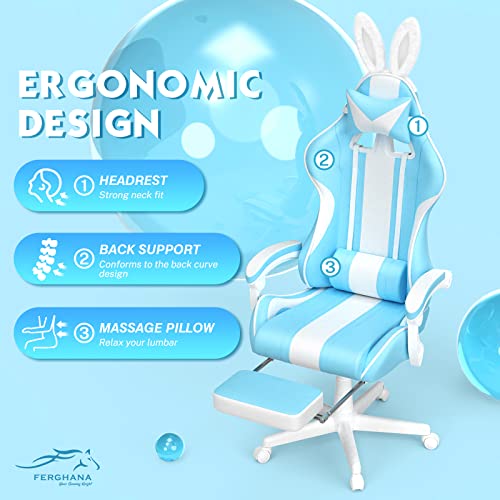Ferghana Light Blue Gaming Chair with Bunny Ear, Cute Massage Gaming Chairs for Adults & Teens, Office PC Gamer Chair with Footrest, Kawaii Computer Game Chair for Girls, Racing Reclining Silla Gamer