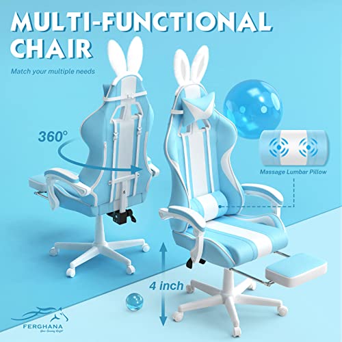 Ferghana Light Blue Gaming Chair with Bunny Ear, Cute Massage Gaming Chairs for Adults & Teens, Office PC Gamer Chair with Footrest, Kawaii Computer Game Chair for Girls, Racing Reclining Silla Gamer