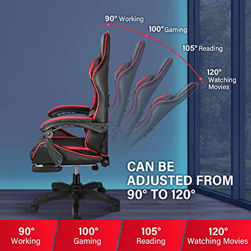 Gaming Chair, Backrest and Seat Height Adjustable Swivel Recliner Racing Office Computer Ergonomic Video Game Chair with Footrest and Lumbar Support, Red/Black