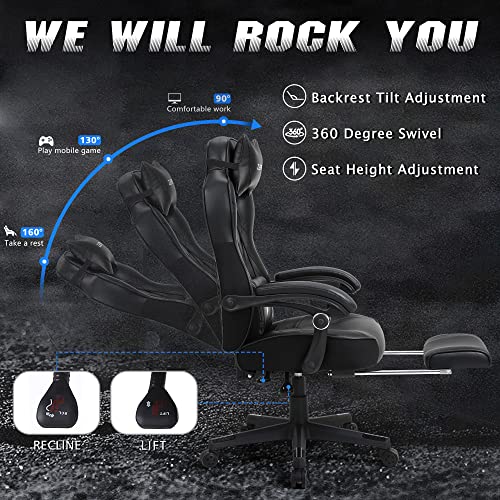 Gaming Chairs for Adults, Recliner Computer Chair with Footrest, Ergonomic PC Gaming Chair with Massage, High Back Desk Chair for Gaming, Big and Tall Gamer Chair, Large Computer Gaming Chair (Black)