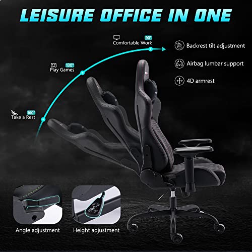 Computer Gaming Chair Office Chair, Ergonomic Gaming Chair with Built-in Airbag Lumbar Support & 4D Armrests & Magnetic Headrest, Adjustable Height & Reclining High Back Gamer Chairs for Adults