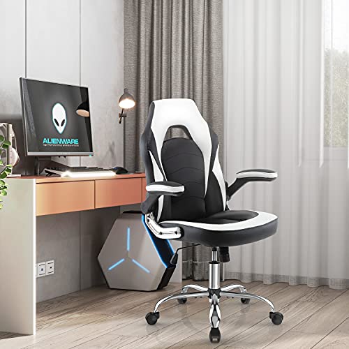 Gaming Chair, Racing Style Bonded Leather Gamer Chair, Ergonomic Office Chair Computer Desk Executive Chair with Adjustable Height and Flip-Up Arms, Gaming Chair for Adults Teens Kids Men Women