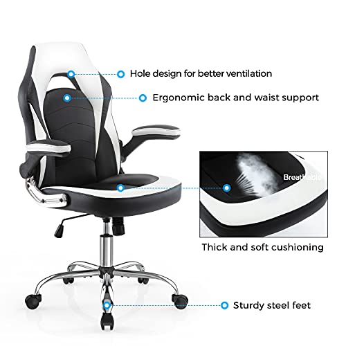 Gaming Chair, Racing Style Bonded Leather Gamer Chair, Ergonomic Office Chair Computer Desk Executive Chair with Adjustable Height and Flip-Up Arms, Gaming Chair for Adults Teens Kids Men Women