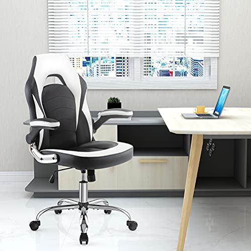 Gaming Chair, Racing Style Bonded Leather Gamer Chair, Ergonomic Office Chair Computer Desk Executive Chair with Adjustable Height and Flip-Up Arms, Gaming Chair for Adults Teens Kids Men Women