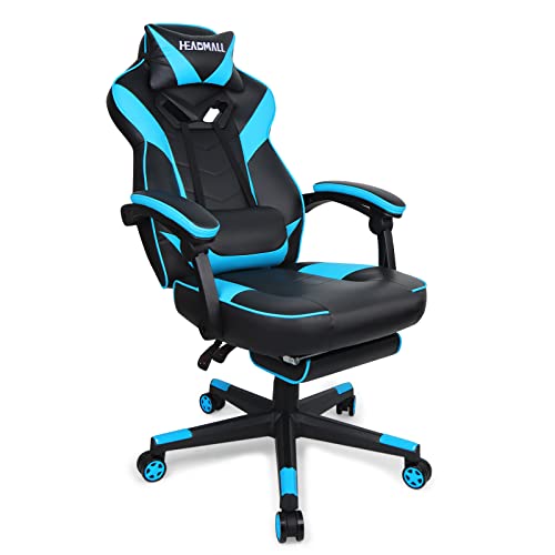 HEADMALL Gaming Chair with Footrest, Office Chair with Lumbar Support and Headrest Height Adjustable Gamer Chair with 360°-Swivel Seat - Black Ocean Blue