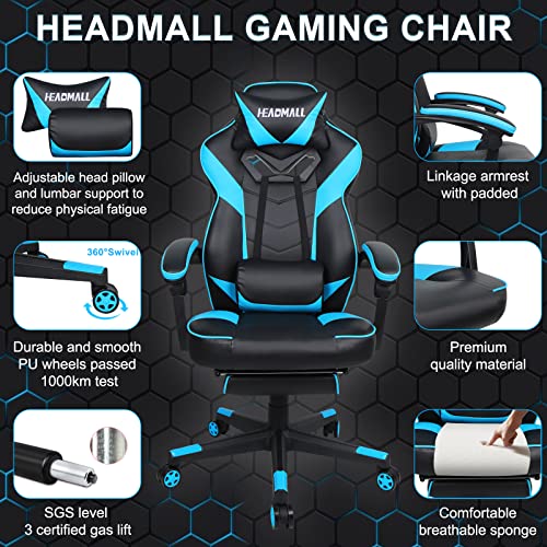 HEADMALL Gaming Chair with Footrest, Office Chair with Lumbar Support and Headrest Height Adjustable Gamer Chair with 360°-Swivel Seat - Black Ocean Blue