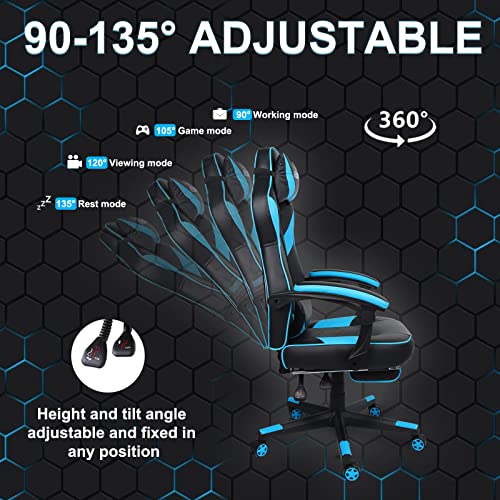 HEADMALL Gaming Chair with Footrest, Office Chair with Lumbar Support and Headrest Height Adjustable Gamer Chair with 360°-Swivel Seat - Black Ocean Blue