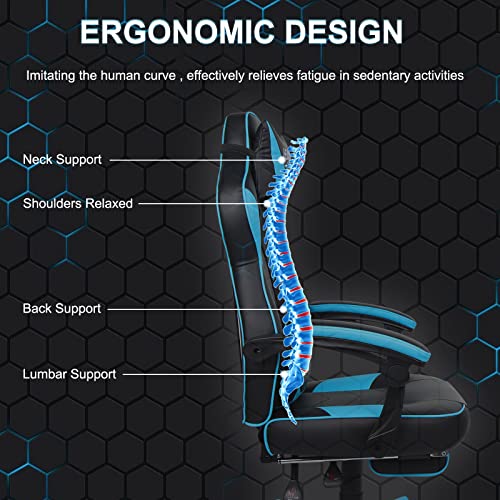 HEADMALL Gaming Chair with Footrest, Office Chair with Lumbar Support and Headrest Height Adjustable Gamer Chair with 360°-Swivel Seat - Black Ocean Blue