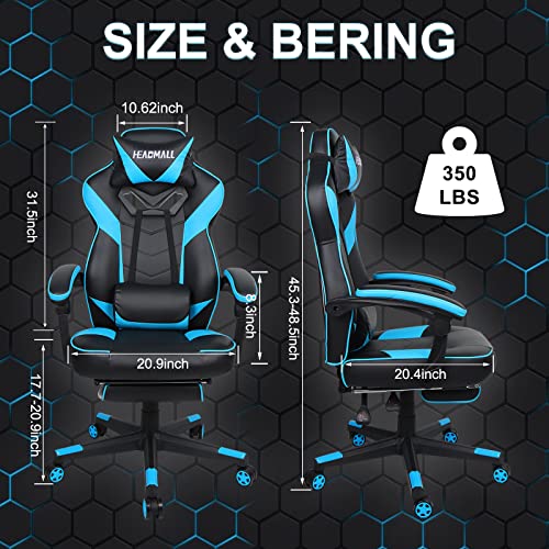 HEADMALL Gaming Chair with Footrest, Office Chair with Lumbar Support and Headrest Height Adjustable Gamer Chair with 360°-Swivel Seat - Black Ocean Blue