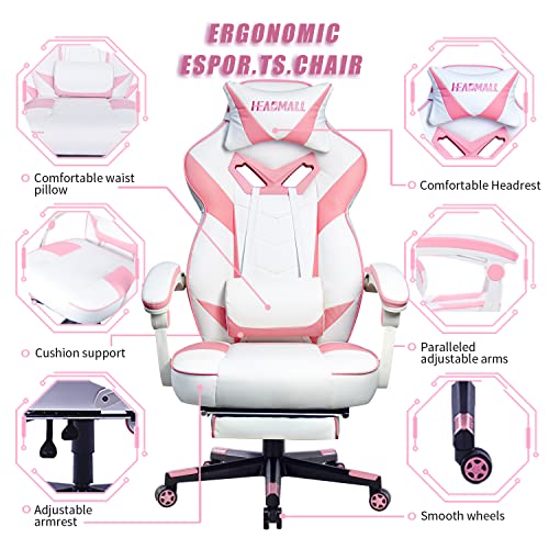 Pink Ergonomic Gaming Chair with Footrest for Women