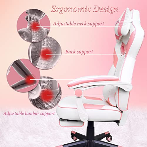 Pink Ergonomic Gaming Chair with Footrest for Women
