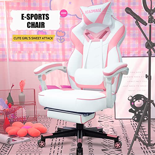 Pink Ergonomic Gaming Chair with Footrest for Women