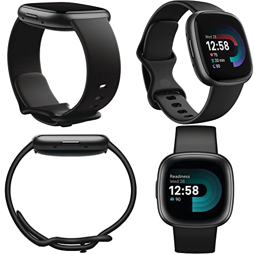 Fitbit Versa 4 Health and Fitness Smart Watch (Black/Graphite) with Built-in GPS, 6 Day Battery Life, S & L Bands, Bundle with 3.3foot Charge Cable, Wall Adapter, Screen Protectors & PremGear Cloth