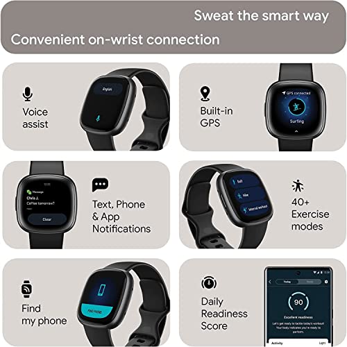 Fitbit Versa 4 Health and Fitness Smart Watch (Black/Graphite) with Built-in GPS, 6 Day Battery Life, S & L Bands, Bundle with 3.3foot Charge Cable, Wall Adapter, Screen Protectors & PremGear Cloth